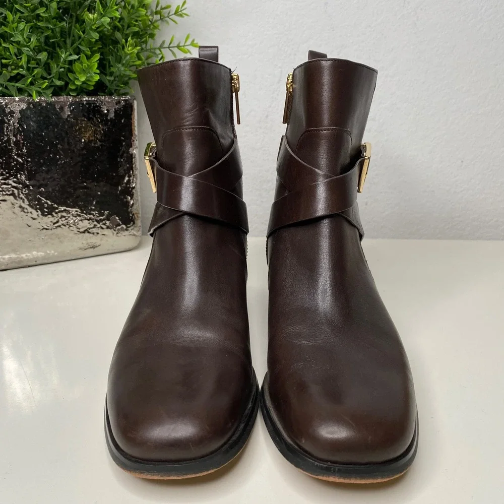 Michael Kors Bryce Chocolate Brown Leather Ankle Boots Side Zip Block Heel‎ SZ 8